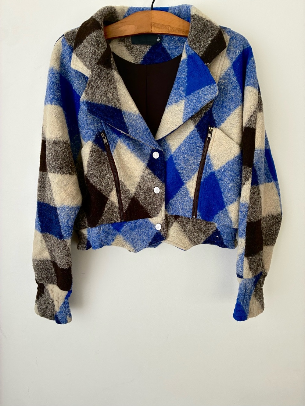 Line & Dot Jacket Women’s Large Cropped Wool Jacket Checkered Blue Black